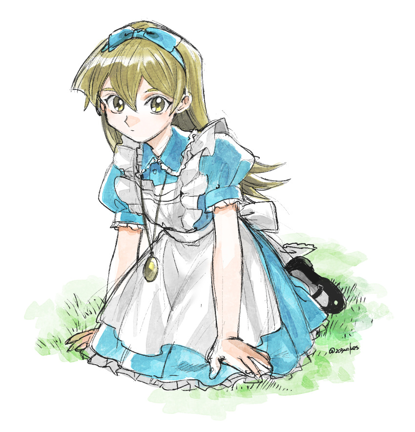 1girl 203wolves alice_(wonderland) alice_(wonderland)_(cosplay) apron bangs black_footwear blonde_hair blue_bow blue_hairband blue_shirt blue_skirt bow closed_mouth collared_shirt cosplay dress_shirt frilled_skirt frills full_body graphite_(medium) grey_legwear hair_between_eyes hair_bow hairband highres jewelry kneeling long_hair looking_at_viewer mary_janes medium_skirt necklace shiny shiny_hair shirt shoes short_sleeves simple_background sketch skirt solo tenjouin_asuka traditional_media twitter_username very_long_hair white_apron white_background wing_collar yellow_eyes yuu-gi-ou yuu-gi-ou_gx