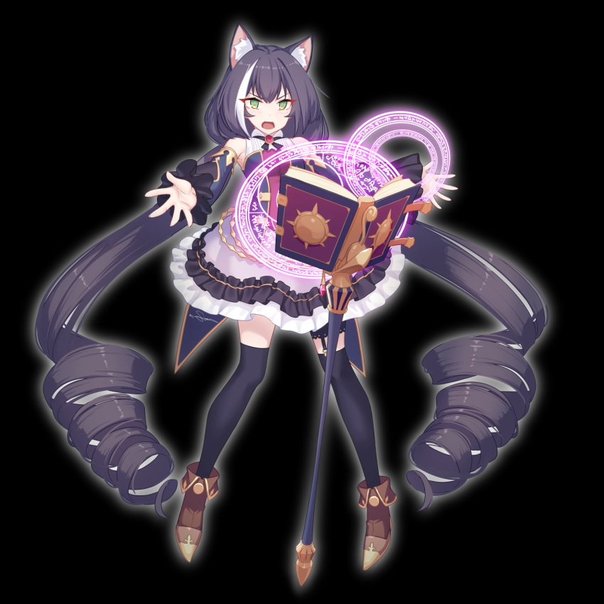 1girl animal_ear_fluff animal_ears bangs bare_shoulders black_background black_hair black_legwear blue_sleeves book boots breasts brown_footwear cat_ears commentary_request detached_sleeves dev eyebrows_visible_through_hair frilled_skirt frills green_eyes highres karyl_(princess_connect!) long_hair long_sleeves looking_at_viewer low_twintails magic_circle multicolored_hair open_book open_mouth outdoors outstretched_arms princess_connect! princess_connect!_re:dive purple_skirt ringlets shirt skirt sleeveless sleeveless_shirt sleeves_past_wrists small_breasts solo staff streaked_hair thigh-highs thighhighs_under_boots twintails v-shaped_eyebrows very_long_hair white_hair white_shirt