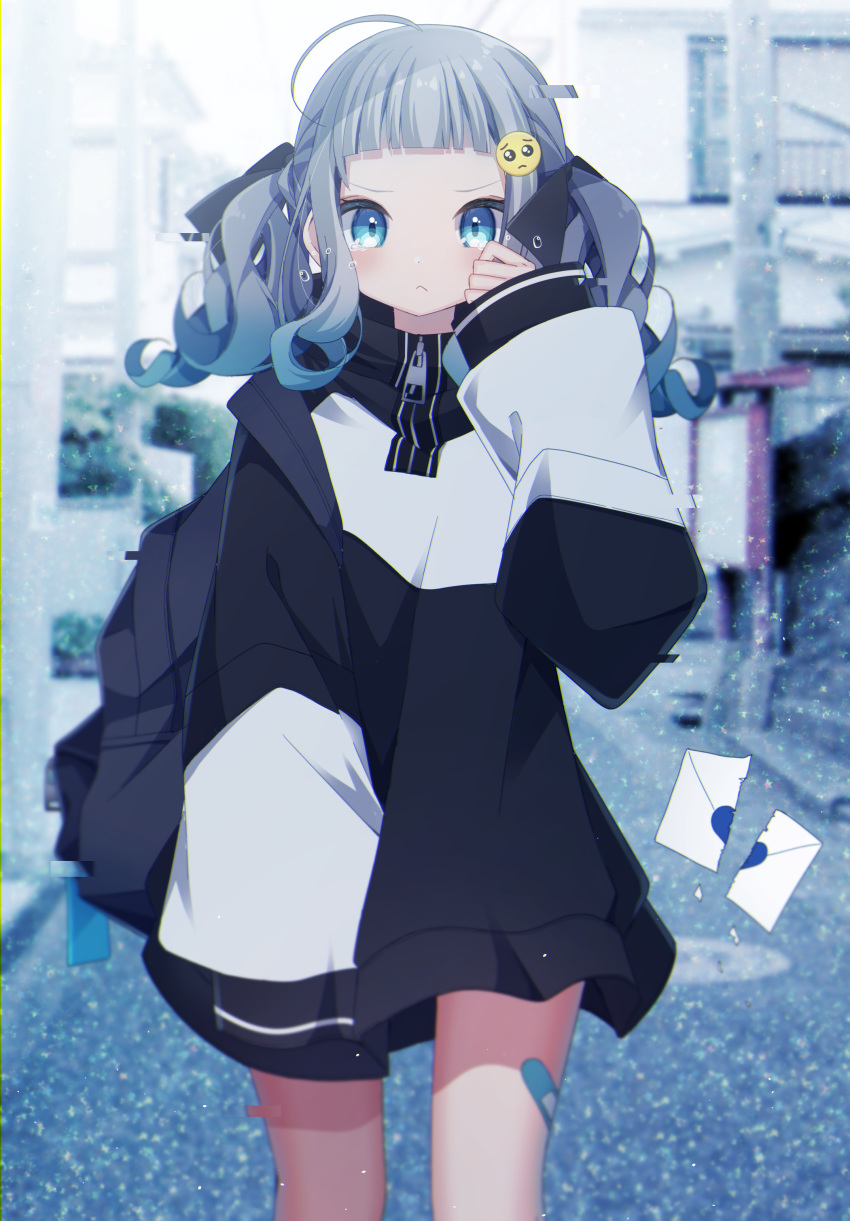 1girl :&lt; absurdres ahoge backpack bag bandaid bandaid_on_leg black_jacket blue_eyes blurry blurry_background blush closed_mouth commentary_request day depth_of_field emoticon envelope grey_hair hair_ornament hand_up heart highres jacket long_sleeves looking_at_viewer love_letter original outdoors pien puffy_long_sleeves puffy_sleeves sapphire_(sapphire25252) sleeves_past_fingers sleeves_past_wrists solo standing tears twintails