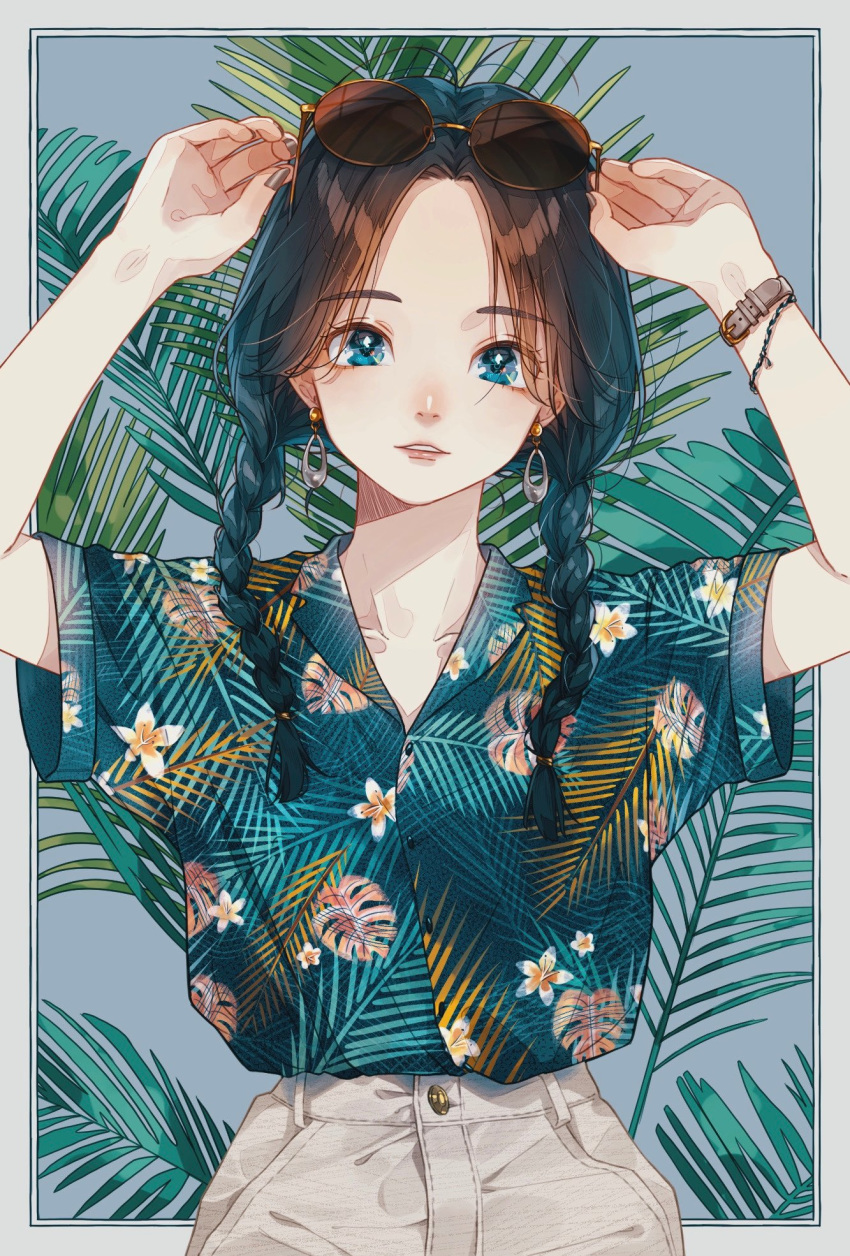 aqua_eyes braid brown_hair earrings eyewear_on_head facing_viewer flower hami_yura hands_up highres jewelry original palm_tree sunglasses tree watch