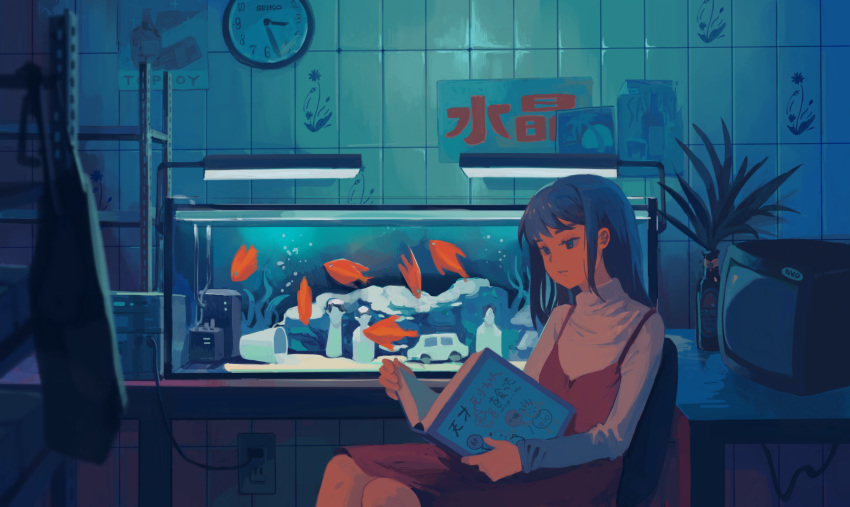 1girl black_hair book clea clock crt dress feet_out_of_frame fish_tank highres indoors light long_hair long_sleeves open_book original plant reading red_dress screen shelf shirt sitting solo television white_shirt