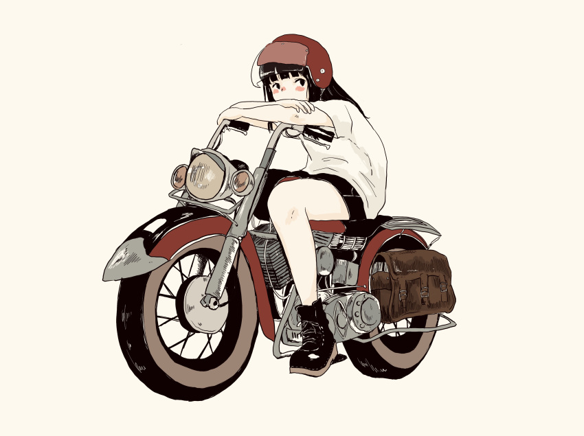 1girl absurdres ankle_boots black_hair bloomers blush_stickers boots crossed_arms ground_vehicle helmet highres long_hair motor_vehicle motorcycle motorcycle_helmet original shirt simple_background sitting solo t-shirt tamagotake underwear