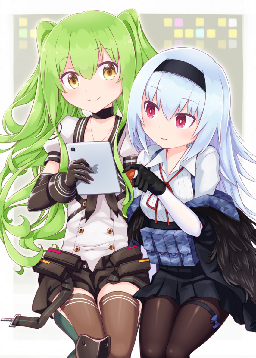 2girls black_choker black_gloves black_hairband black_jacket black_neckwear black_shorts black_skirt blue_hair breasts brown_eyes brown_legwear choker closed_mouth collared_shirt commentary_request elbow_gloves girls_frontline gloves green_hair hairband hand_up haradaiko_(arata_himeko) highres holding jacket long_hair long_sleeves m950a_(girls_frontline) multiple_girls neck_ribbon off_shoulder open_clothes open_fly open_jacket open_shorts pantyhose parted_lips pleated_skirt pointing puffy_short_sleeves puffy_sleeves red_eyes red_ribbon ribbon shirt short_shorts short_sleeves shorts sitting skirt small_breasts smile thigh-highs thunder_(girls_frontline) twintails very_long_hair white_shirt