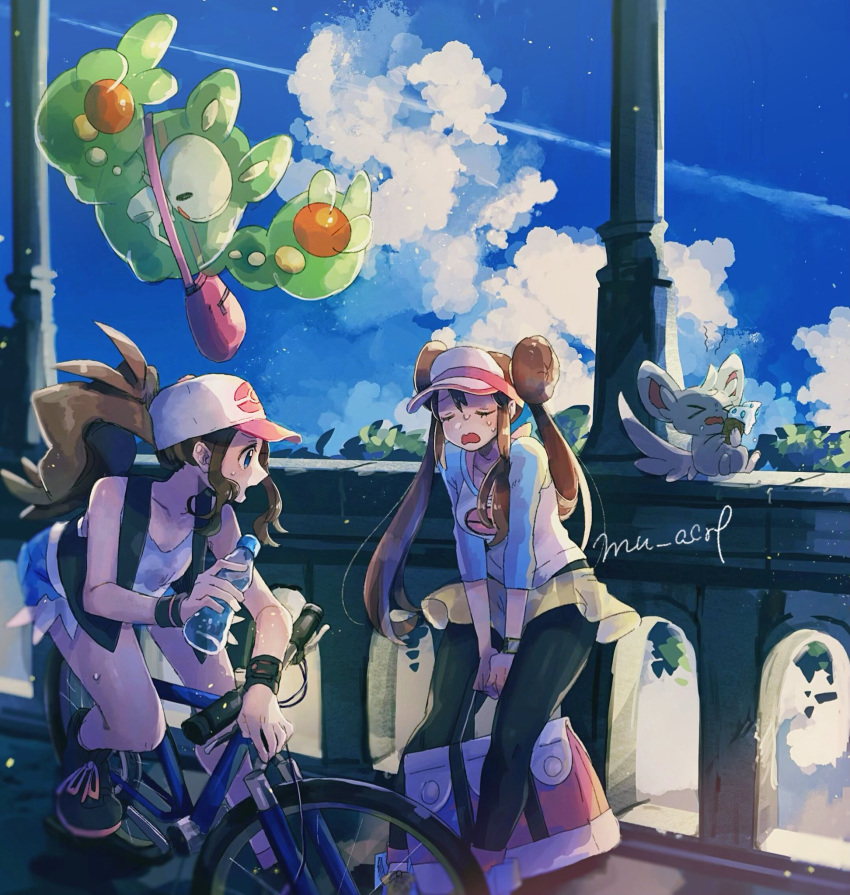 2girls artist_name baseball_cap bicycle black_legwear blue_sky bottle breasts bridge brown_hair closed_eyes clouds commentary day double_bun gen_5_pokemon ground_vehicle hair_bun hat highres leaning_forward long_hair looking_at_another medium_breasts medium_hair mei_(pokemon) minccino miniskirt mu_acrt multiple_girls open_mouth outdoors pantyhose pokemon pokemon_(creature) pokemon_(game) pokemon_bw pokemon_bw2 ponytail reuniclus riding_bicycle skirt sky small_breasts sunlight sweat tank_top touko_(pokemon) twintails vest visor_cap water_bottle wavy_mouth yellow_skirt