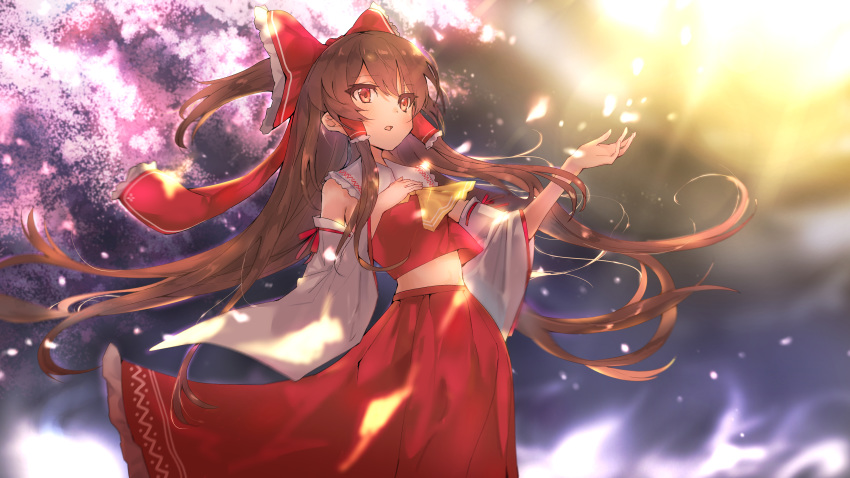 1girl absurdres ascot bow breasts brown_hair cherry_blossoms cowboy_shot detached_sleeves floating_hair hair_bow hair_tubes hakurei_reimu hand_on_own_chest highres hinata_(hinata-ur) long_hair long_skirt midriff nontraditional_miko open_mouth outdoors petals ponytail red_eyes red_skirt sidelocks skirt small_breasts solo touhou tree wide_sleeves yellow_neckwear