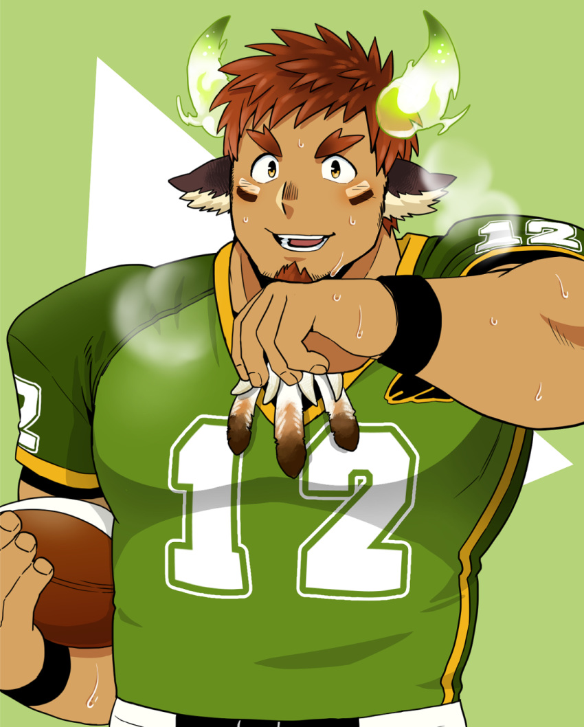 1boy animal_ears bangs bara beard blush brown_hair chest ezaki_papiko facial_hair feathers forked_eyebrows glowing_horns highres horns jewelry looking_at_viewer male_focus muscle native_american pose rugby rugby_ball rugby_uniform shirt short_sleeves simple_background smile solo sportswear sweatband thick_eyebrows tokyo_houkago_summoners upper_body wakan_tanka wiping_sweat yellow_eyes