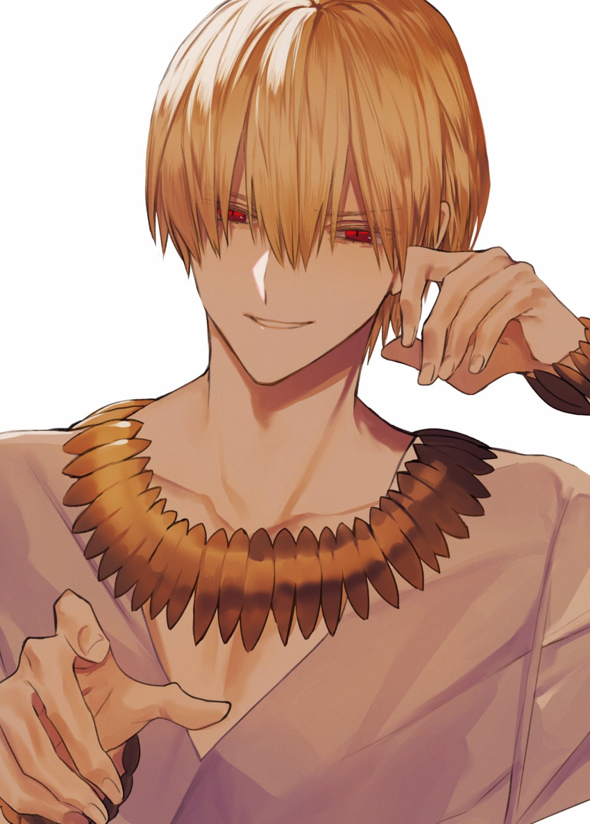 1boy albino_(a1b1n0623) alternate_costume alternate_hairstyle blonde_hair chest close-up collarbone fate/grand_order fate/stay_night fate/zero fate_(series) finger_to_face gilgamesh hair_between_eyes highres jewelry male_focus red_eyes smile solo white_background