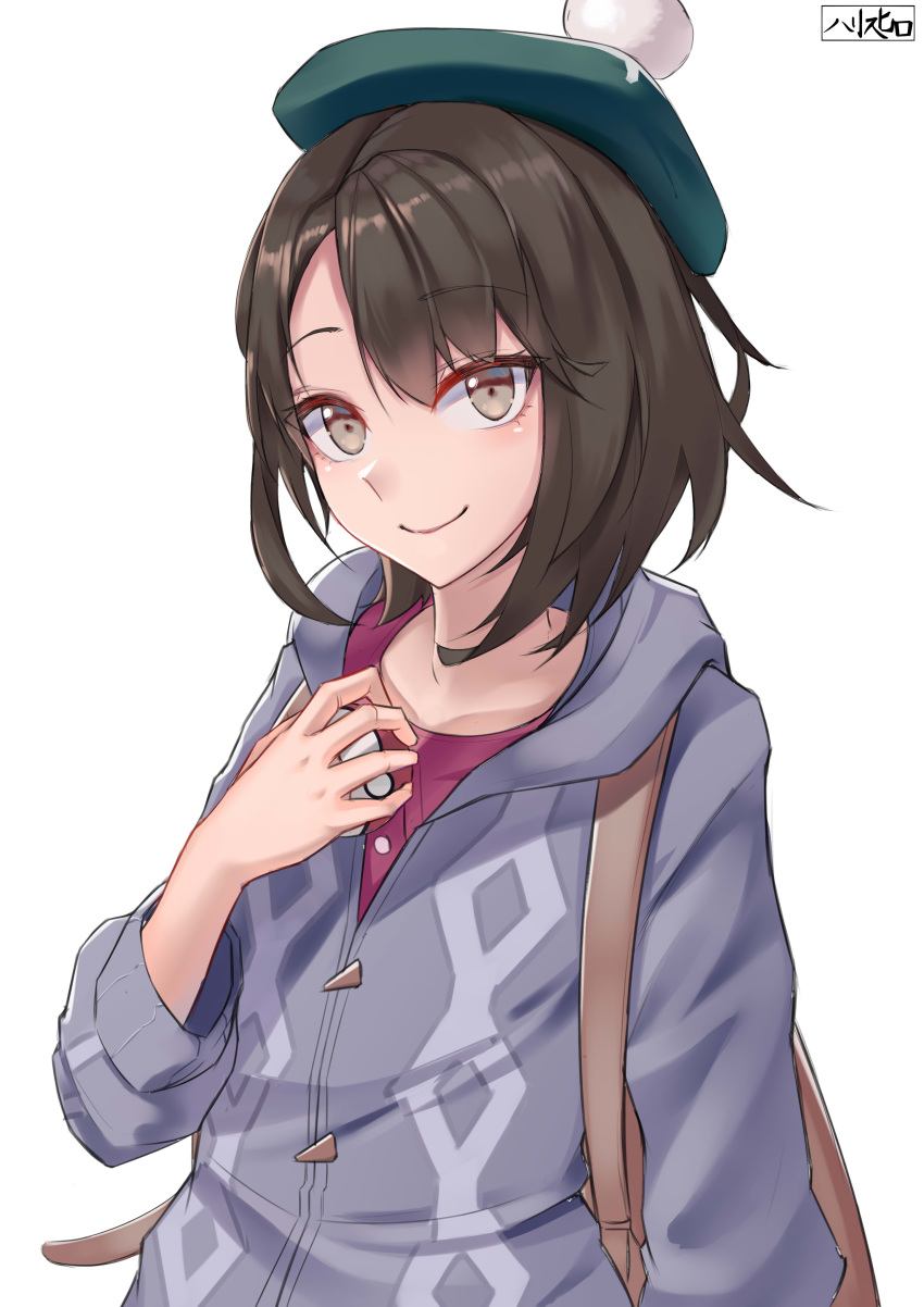 1girl absurdres bag brown_hair grey_eyes grey_jacket harris_hero hat highres jacket looking_at_viewer medium_hair pokemon pokemon_(game) pokemon_swsh purple_shirt shirt smile solo tagme white_background yuuri_(pokemon)