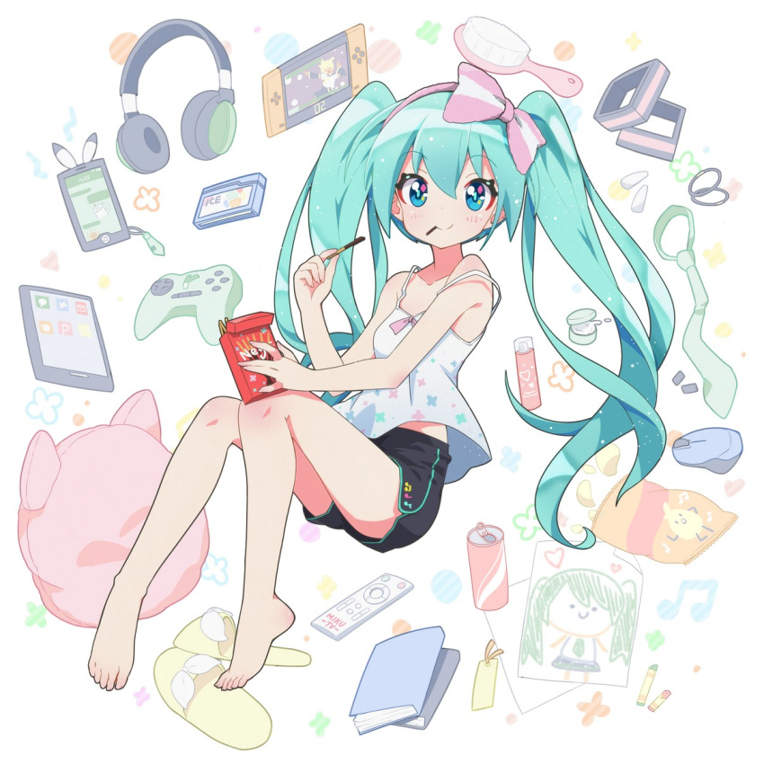 1girl aqua_eyes aqua_hair barefoot black_pants book bookmark camisole can cellphone controller crayon eating feet food full_body fuusen_neko hair_brush hatsune_miku headphones highres long_hair looking_at_viewer mouth_hold necktie necktie_removed pants phone pillow pocky shirt short_shorts shorts sitting slippers_removed smartphone smile solo strap_slip twintails very_long_hair vocaloid white_background white_shirt