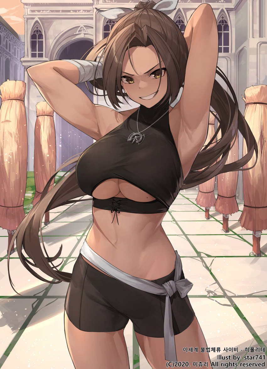 1girl :d absurdres armpits arms_behind_head arms_up artist_name bandaged_arm bandages black_shorts breasts brown_eyes brown_hair building commentary_request contrapposto copyright_request cowboy_shot crop_top dark_skin day forehead grin hair_ribbon highres jewelry korean_commentary korean_text large_breasts long_hair looking_at_viewer mole mole_on_breast navel necklace official_art open_mouth outdoors ponytail ribbon scar serious short_shorts shorts sleeveless smile solo star741 stomach teeth toned translation_request under_boob underboob_cutout very_long_hair white_ribbon