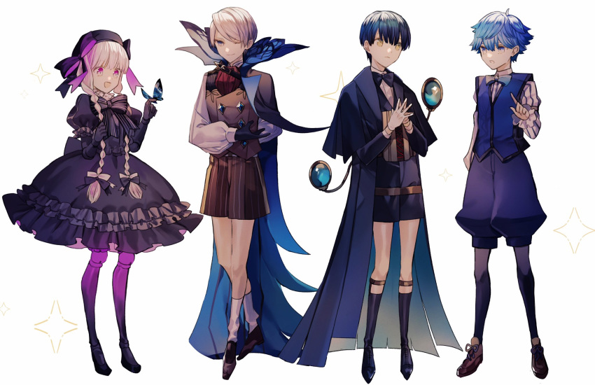 1girl 3boys albino_(a1b1n0623) alternate_hairstyle bangs black_bow black_dress black_gloves black_hair black_headwear blue_eyes blue_hair bow bowtie braid bug butterfly dress eyebrows_visible_through_hair facial_hair fate/extra fate/grand_order fate_(series) formal gloves green_eyes grey_hair hair_between_eyes hair_over_one_eye hans_christian_andersen_(fate) hat highres insect jacket james_moriarty_(fate/grand_order) long_hair long_sleeves magnifying_glass male_focus multiple_boys nursery_rhyme_(fate/extra) open_mouth ribbon sherlock_holmes_(fate/grand_order) shorts smile twin_braids vest violet_eyes white_hair younger