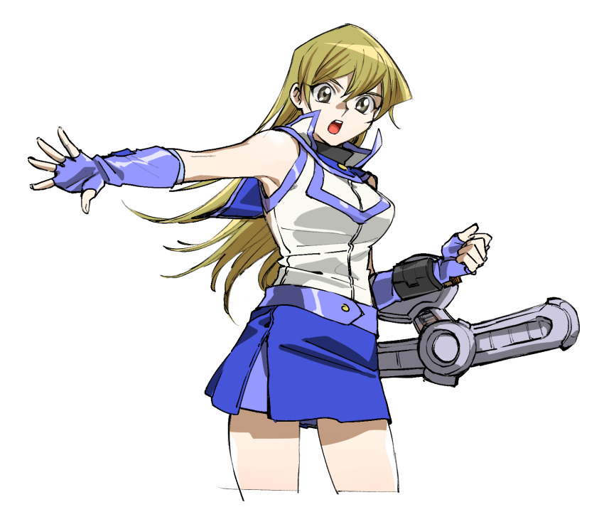 1girl 203wolves bangs blonde_hair blue_gloves blue_skirt breasts brown_eyes cowboy_shot cropped_legs duel_disk elbow_gloves fingerless_gloves gloves hair_between_eyes highres jacket long_hair looking_at_viewer medium_breasts miniskirt open_mouth shiny shiny_hair simple_background skirt sleeveless sleeveless_jacket solo standing straight_hair tenjouin_asuka very_long_hair white_background white_jacket yuu-gi-ou yuu-gi-ou_gx