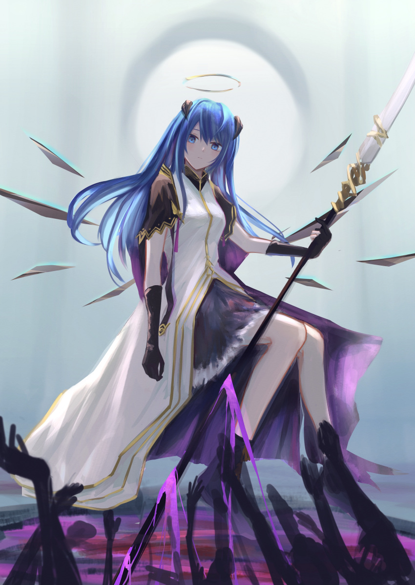 1girl 7ife absurdres arknights black_gloves blue_eyes blue_hair boots demon_horns detached_wings dress energy_wings gloves halo highres horns long_hair looking_at_viewer mostima_(arknights) shoes sitting skirt staff white_dress wings