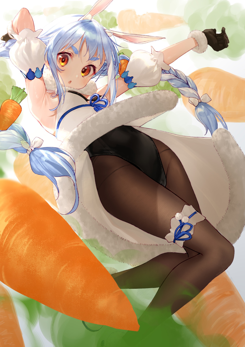 1girl :o absurdres animal_ear_fluff animal_ears armpit_crease armpits bangs black_gloves black_legwear black_leotard blue_hair braid carrot_hair_ornament commentary detached_sleeves dress food_themed_hair_ornament fur-trimmed_dress fur-trimmed_gloves fur_trim gloves hair_ornament highres hololive huge_filesize leotard leotard_under_clothes looking_at_viewer multicolored_hair pantyhose puffy_short_sleeves puffy_sleeves rabbit_ears short_sleeves sidelocks solo streaked_hair takubon thick_eyebrows twin_braids twintails two-tone_hair usada_pekora virtual_youtuber white_dress white_hair