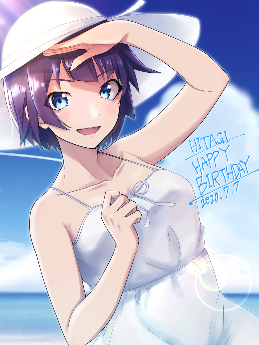 1girl absurdres arm_up bakemonogatari blue_eyes blurry blurry_background blush breasts character_name collarbone commentary_request dated dress english_text eyebrows_visible_through_hair eyelashes hand_up happy_birthday hat highres kaikistride lens_flare looking_at_viewer medium_breasts medium_hair monogatari_(series) open_clothes purple_hair senjougahara_hitagi shiny shiny_hair smile solo sun_hat sundress sunlight upper_body white_dress white_headwear