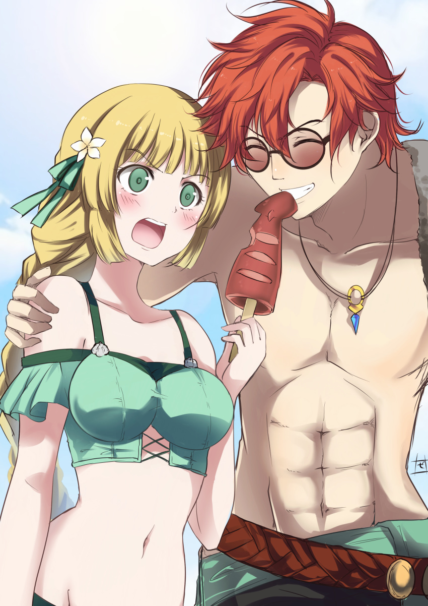 1boy 1girl absurdres blonde_hair closed_eyes eating fire_emblem fire_emblem:_three_houses fire_emblem_heroes flower green_eyes hair_flower hair_ornament hand_on_another's_shoulder highres ingrid_brandl_galatea jewelry long_hair male_swimwear midriff necklace off-shoulder_swimsuit off_shoulder open_mouth redhead shirtless short_hair sunglasses swim_trunks swimsuit swimwear sylvain_jose_gautier zero-theme