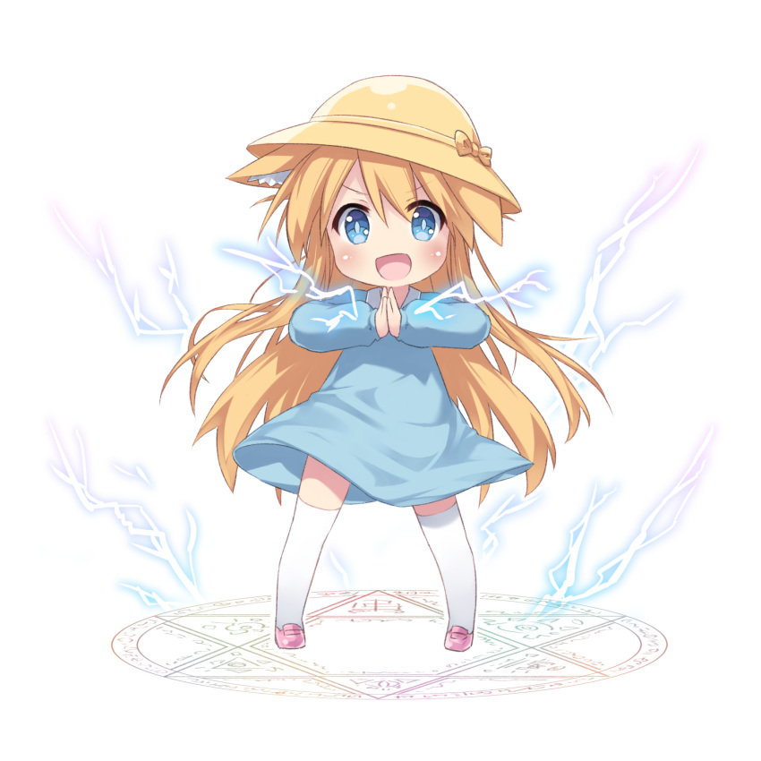 1girl animal_ear_fluff animal_ears blonde_hair blue_dress blue_eyes cat_ears character_request dress electricity full_body hands_together hat highres kindergarten_uniform legs_apart long_hair magic_circle open_mouth original pink_footwear school_hat shoes simple_background smile solo tamase_tama thigh-highs virtual_youtuber white_background white_legwear yellow_headwear