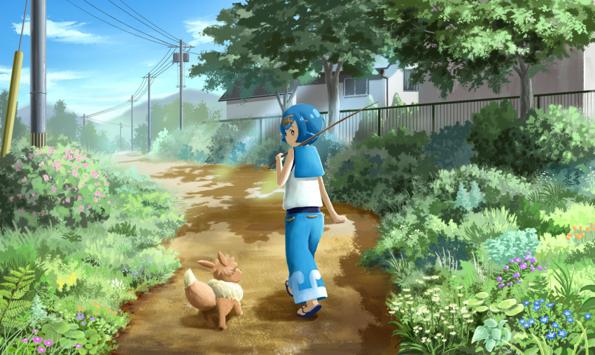 1girl blue_eyes blue_hair blue_pants building bush clouds commentary day doremifa84 eevee feet fence flip-flops flower freckles gen_1_pokemon grass hairband highres holding holding_stick light_rays no_sclera outdoors pants pokemon pokemon_(creature) pokemon_(game) pokemon_sm power_lines sandals scenery shade shirt short_hair sky sleeveless standing stick suiren_(pokemon) sunbeam sunlight swimsuit swimsuit_under_clothes telephone_pole tree trial_captain walking