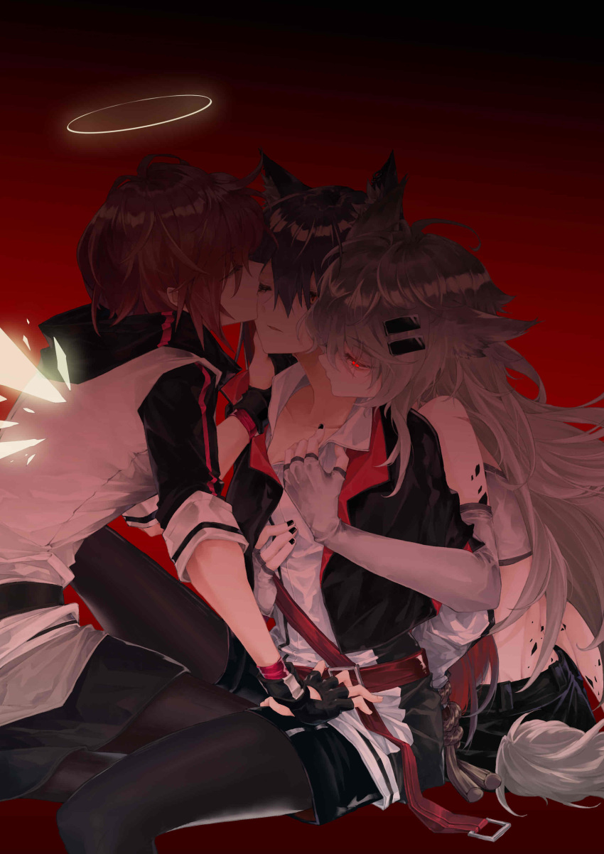 3girls absurdres animal_ear_fluff animal_ears arknights black_capelet black_coat black_jacket black_nails black_shorts capelet coat detached_wings duang energy_wings exusiai_(arknights) grey_eyes hair_ornament hair_over_one_eye hairclip halo highres jacket lappland_(arknights) multiple_girls one_eye_closed red_eyes redhead scar scar_across_eye shorts tail texas_(arknights) white_jacket wings wolf_ears wolf_tail yuri