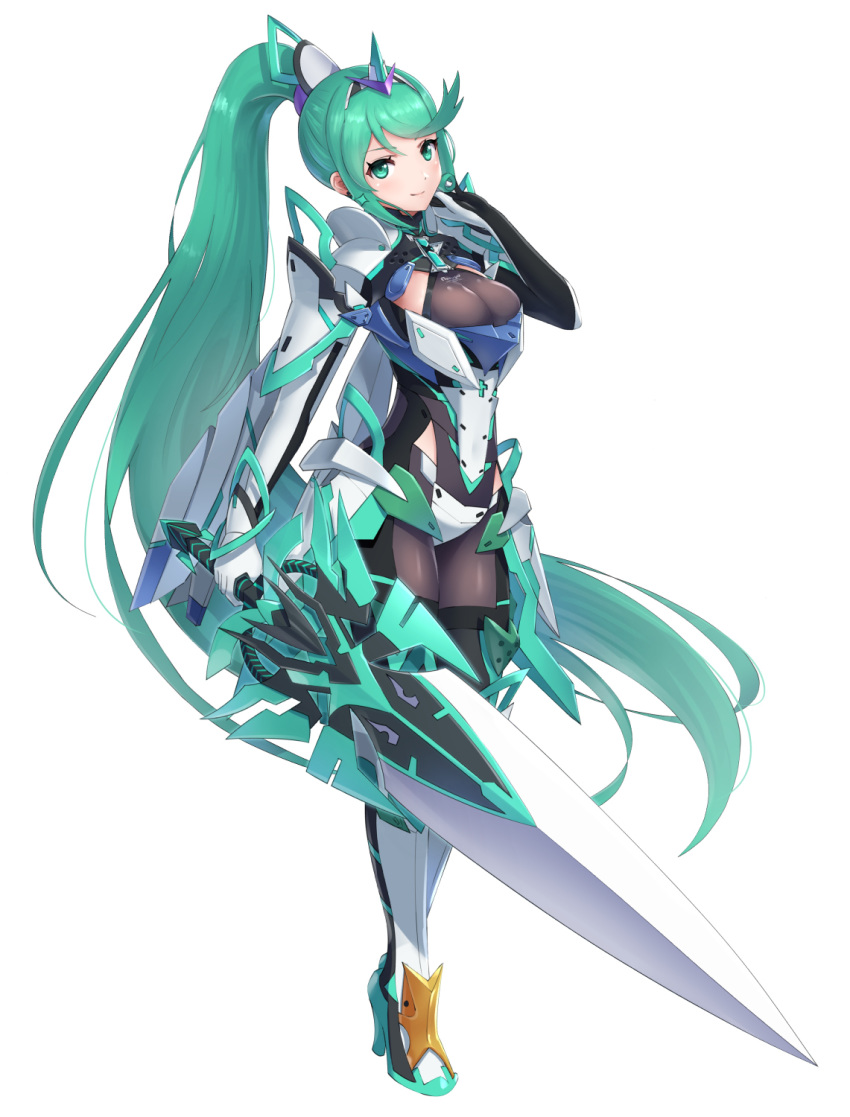 1girl absurdly_long_hair armor bangs breasts cowboy_shot earrings full_body gloves gonzarez green_eyes green_hair hair_ornament headpiece high_heels highres holding holding_sword holding_weapon jewelry long_hair long_ponytail looking_at_viewer pneuma_(xenoblade) ponytail simple_background smile solo swept_bangs sword tiara very_long_hair weapon white_background xenoblade_(series) xenoblade_2