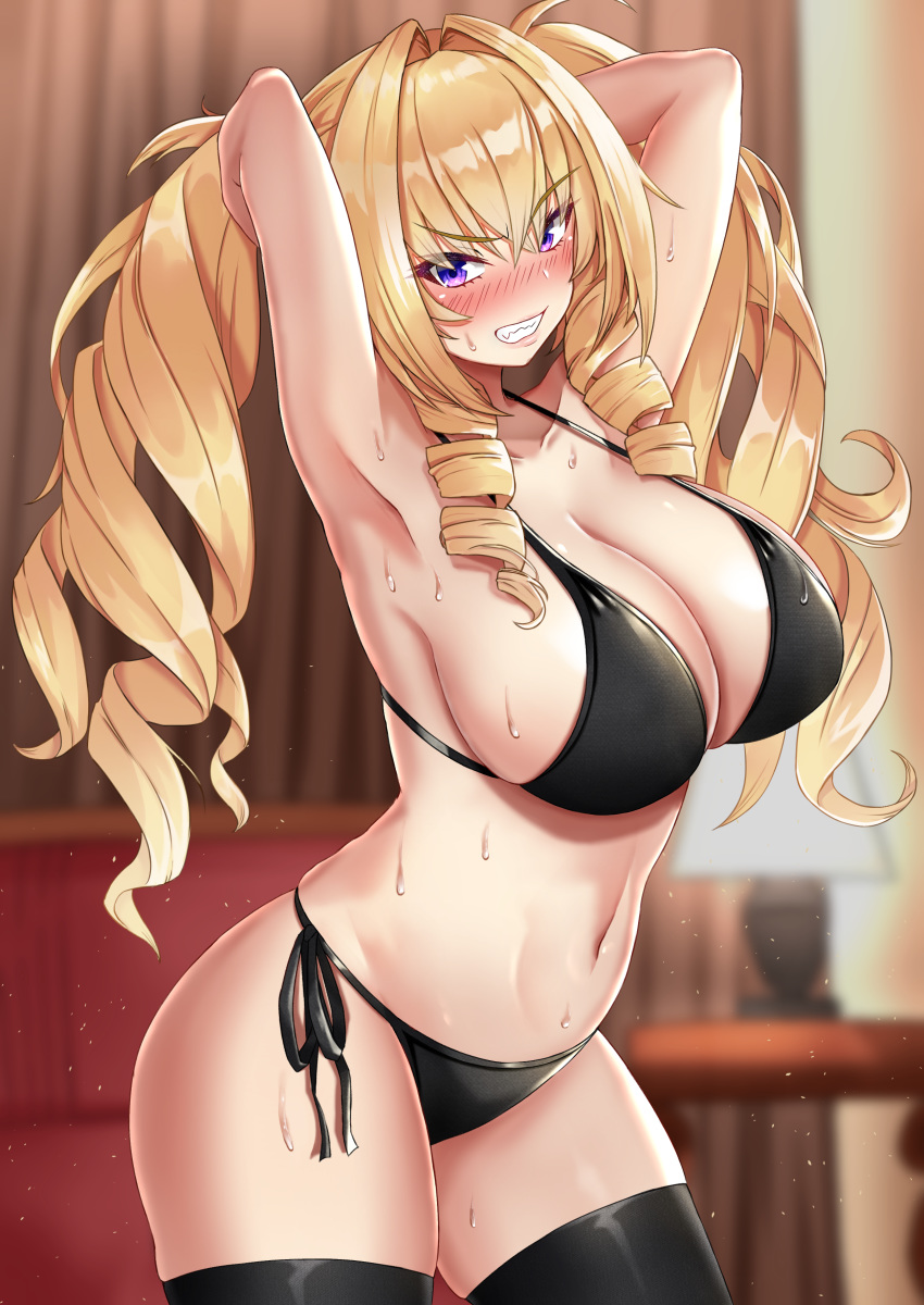 1girl absurdres armpits arms_behind_head arms_up bare_arms bare_shoulders bikini black_bikini black_legwear black_ribbon blonde_hair blurry blurry_background blush breasts clenched_teeth cowboy_shot depth_of_field drill_hair hair_intakes highres large_breasts long_hair navel nose_blush open_mouth original ribbon rokita side-tie_bikini solo stomach sweat swimsuit teeth thigh-highs twintails v-shaped_eyebrows violet_eyes wet