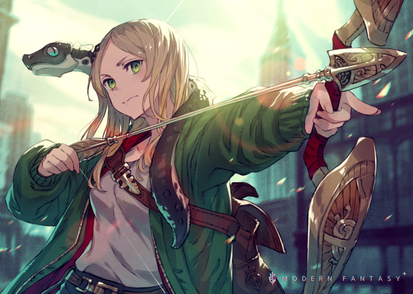 1girl arrow_(projectile) bag belt blonde_hair blurry blurry_background bow bow_(weapon) creature_on_shoulder dragon drawing_bow green_eyes green_jacket highres holding holding_weapon jacket kusano_shinta original sky weapon