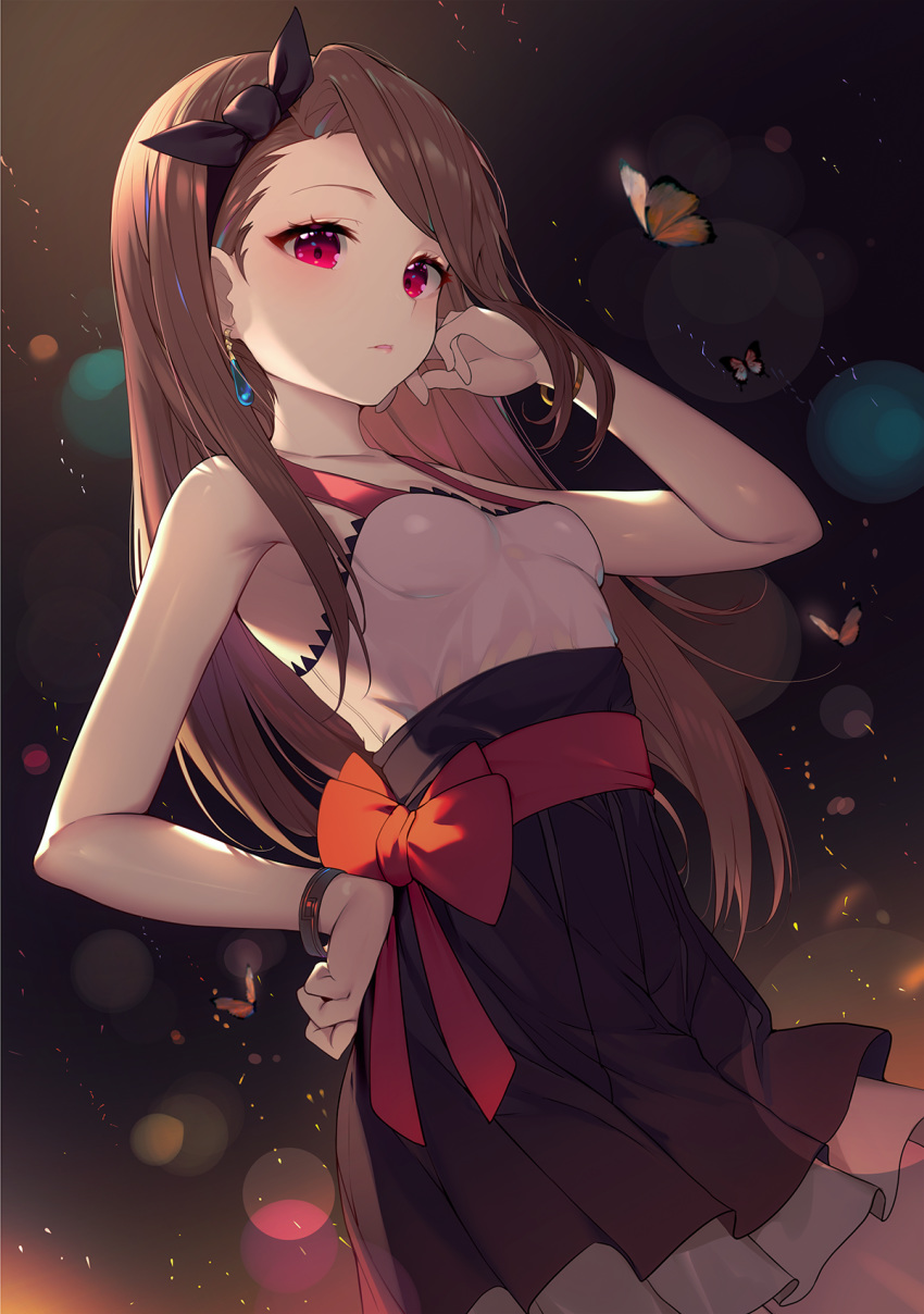 1girl armpits bangs bare_arms bare_shoulders black_hairband black_skirt breasts brown_eyes brown_hair bug butterfly commentary_request dress earrings frills from_below hairband highres idolmaster idolmaster_(classic) insect jewelry long_hair looking_at_viewer minase_iori parted_lips red_eyes red_ribbon ribbon shirt skirt sleeveless sleeveless_dress small_breasts solo topu