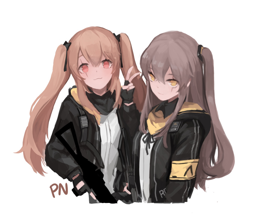 2girls artist_name bangs black_gloves black_jacket brown_hair fingerless_gloves girls_frontline gloves gun h&amp;k_ump hair_ornament hand_up highres jacket long_hair looking_at_viewer multiple_girls red_eyes scar scar_across_eye scarf seorang shirt submachine_gun ump45_(girls_frontline) ump9_(girls_frontline) v weapon white_background yellow_eyes