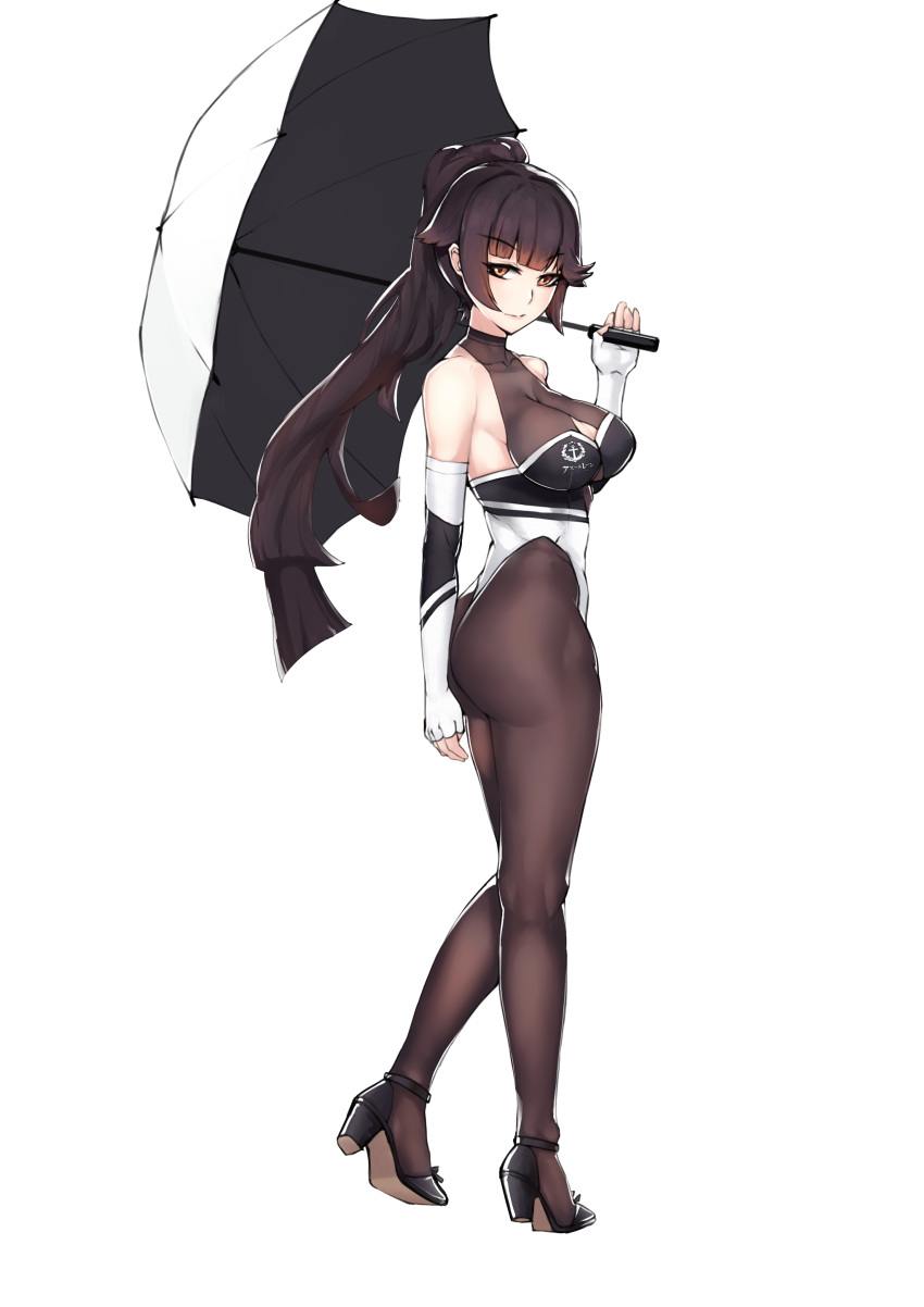 1girl absurdres ass azur_lane bare_shoulders black_footwear black_legwear bow breasts brown_hair cleavage_cutout elbow_gloves eyebrows_visible_through_hair fingerless_gloves full_body gloves hair_flaps high_heels highleg highleg_leotard highres holding holding_umbrella impossible_clothes leotard long_hair looking_at_viewer medium_breasts multicolored multicolored_clothes multicolored_leotard orange_eyes racequeen simple_background solo takao_(azur_lane) takao_(full_throttle_charmer)_(azur_lane) tierla two-tone_leotard umbrella unitard white_background white_bow