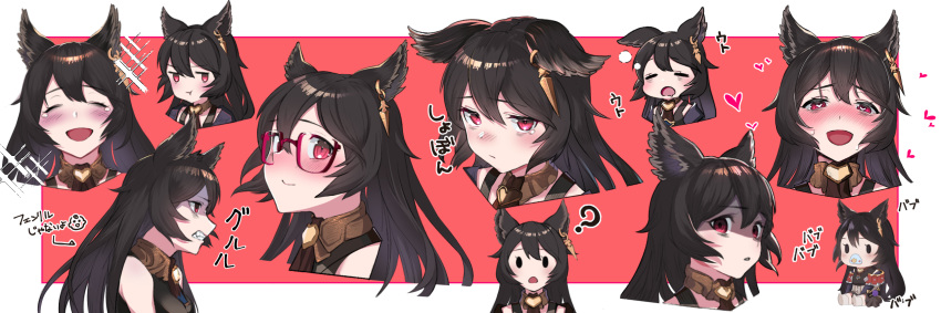 =_= ? bangs black_hair black_shirt blush border chibi choker clone disgust earrings ears_down erune eyebrows_visible_through_hair glasses granblue_fantasy hair_between_eyes happy heart heart-shaped_pupils highres jewelry konkitune803 long_hair looking_at_viewer mouth_drool nier_(granblue_fantasy) no_pupils open_mouth pacifier pout red_background red_eyes sad shirt sidelocks smile sparkle sweat symbol-shaped_pupils tearing_up teeth tongue tongue_out white_border