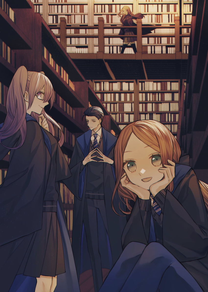 1boy albino_(a1b1n0623) bangs black_hair bookshelf bow breasts brown_hair character_request coat collared_shirt fate/grand_order fate_(series) forehead formal glasses gloves green_eyes hair_between_eyes hair_bow highres leonardo_da_vinci_(fate/grand_order) leonardo_da_vinci_(rider)_(fate) library long_hair long_sleeves looking_at_viewer multiple_girls necktie open_mouth parted_bangs pleated_skirt purple_hair sherlock_holmes_(fate/grand_order) shirt sion_eltnam_sokaris skirt smile twintails type-moon violet_eyes