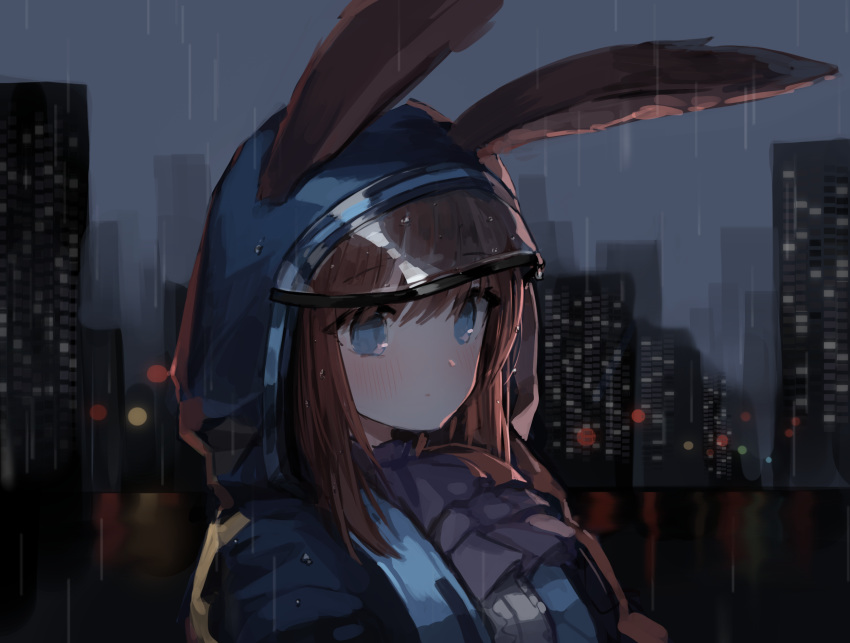 1girl amiya_(arknights) animal_ears arknights blue_eyes blush brown_hair city city_lights cloak highres long_hair looking_down seorang simple_background solo tagme