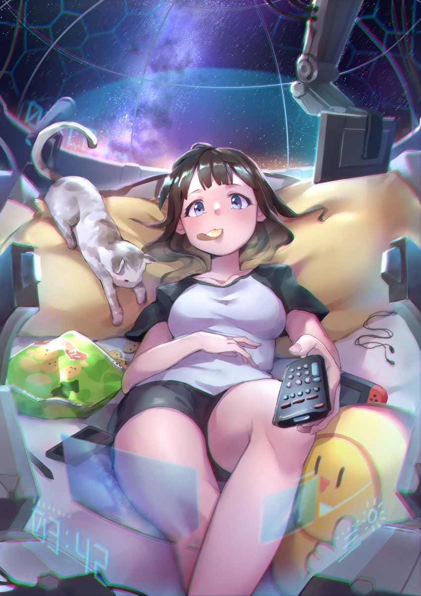 absurdres bangs blue_eyes breasts brown_hair cat chips cockpit collarbone controller food highres holographic_monitor lying mr.lime nintendo_switch on_back original pillow potato_chips raglan_sleeves reclining remote_control shirt short_hair shorts space t-shirt watching_television