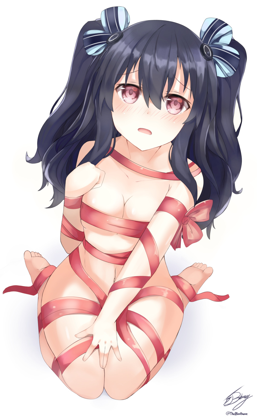 1girl absurdres artist_name bangs bimmy black_hair blush commentary english_commentary eyebrows_visible_through_hair hair_between_eyes highres long_hair looking_at_viewer naked_ribbon neptune_(series) open_mouth red_eyes red_ribbon ribbon seiza sidelocks signature simple_background sitting solo two_side_up uni_(neptune_series) white_background