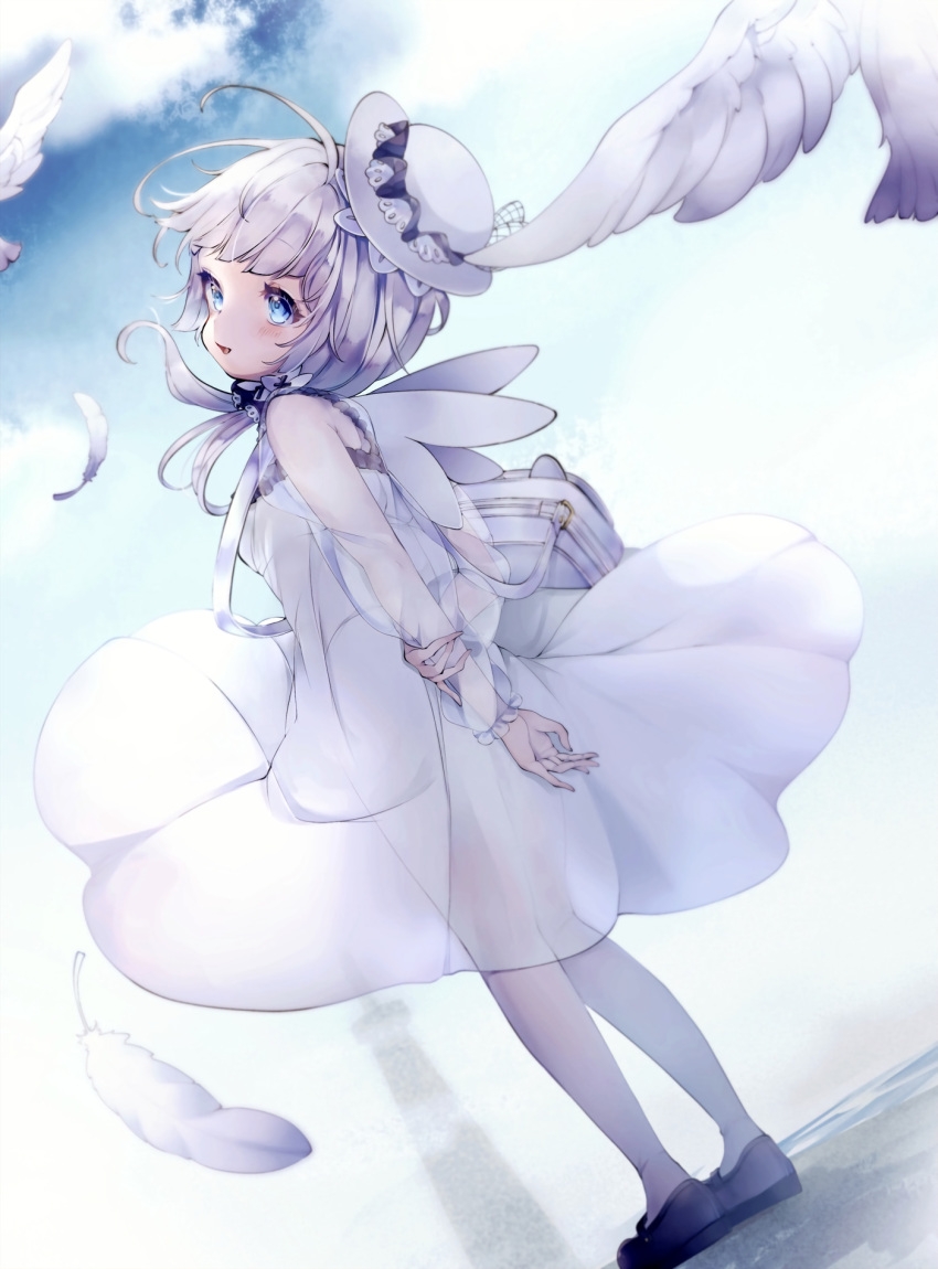 ahoge arms_behind_back azur_lane bag bird black_footwear blue_eyes clouds dress fake_wings feathers from_behind hands_together hat highres little_illustrious_(azur_lane) long_hair looking_up low_twintails mary_janes nakano_yae open_mouth outdoors pantyhose shoes silver_hair sky smile twintails white_dress white_headwear white_legwear wind wind_lift wings
