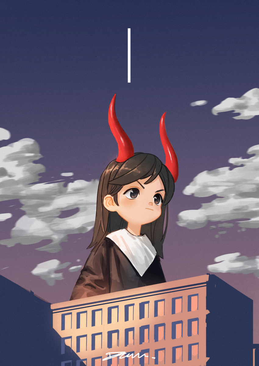 1girl absurdres blush brown_eyes brown_hair building closed_mouth clouds devil_lo giant giantess highres horns long_hair original outdoors signature