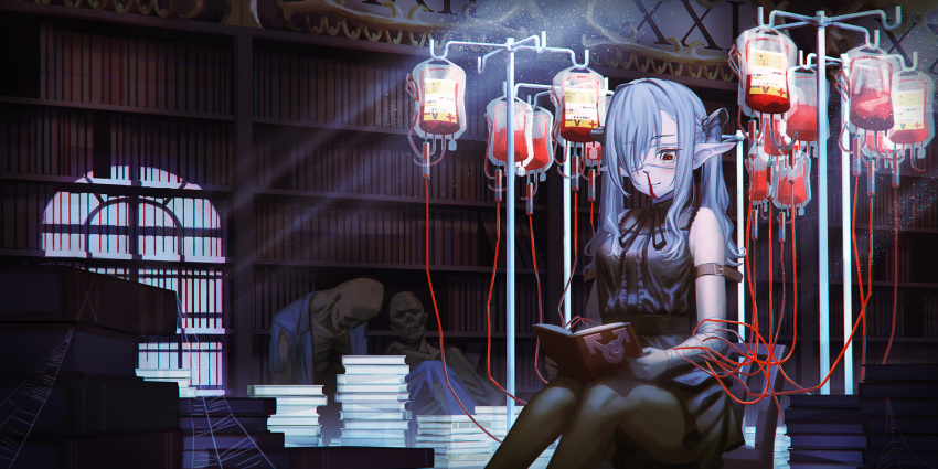 1girl 2others bandaged_arm bandages bangs bare_shoulders black_dress black_legwear blood blood_bag blue_shirt book book_stack bookshelf chair commentary_request corpse dress eyebrows_visible_through_hair eyepatch fujoshi grey_hair hair_over_one_eye highres hironii_(hirofactory) holding holding_book indoors interlocked_mars_symbols long_hair mars_symbol medical_eyepatch multiple_others nosebleed on_chair open_book open_clothes open_shirt original pantyhose pleated_dress pointy_ears red_eyes shirt silk sitting sleeveless sleeveless_dress solo_focus spider_web twintails