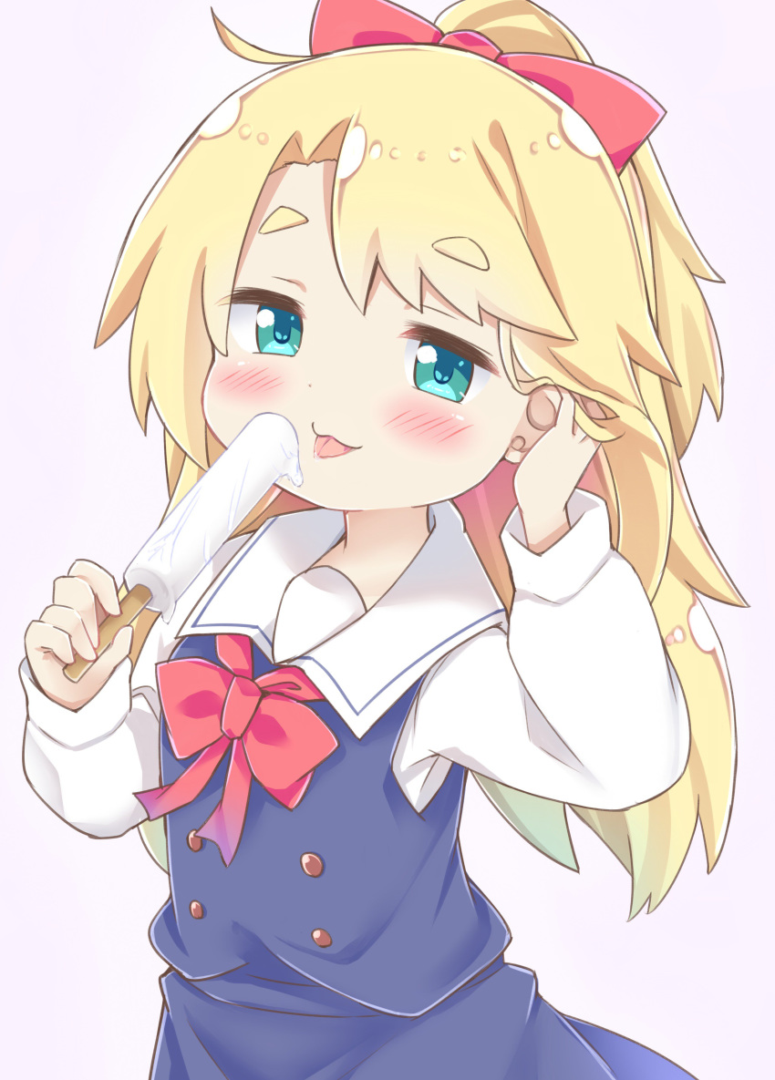 1girl absurdres blonde_hair blue_dress blush bow commentary_request dress esureki eyebrows_visible_through_hair food green_eyes hair_bow hand_in_hair highres himesaka_noa holding holding_food long_hair melting neckerchief popsicle red_bow red_neckwear sailor_collar sailor_dress school_uniform sexually_suggestive shirt simple_background solo standing tongue tongue_out watashi_ni_tenshi_ga_maiorita! white_sailor_collar white_shirt