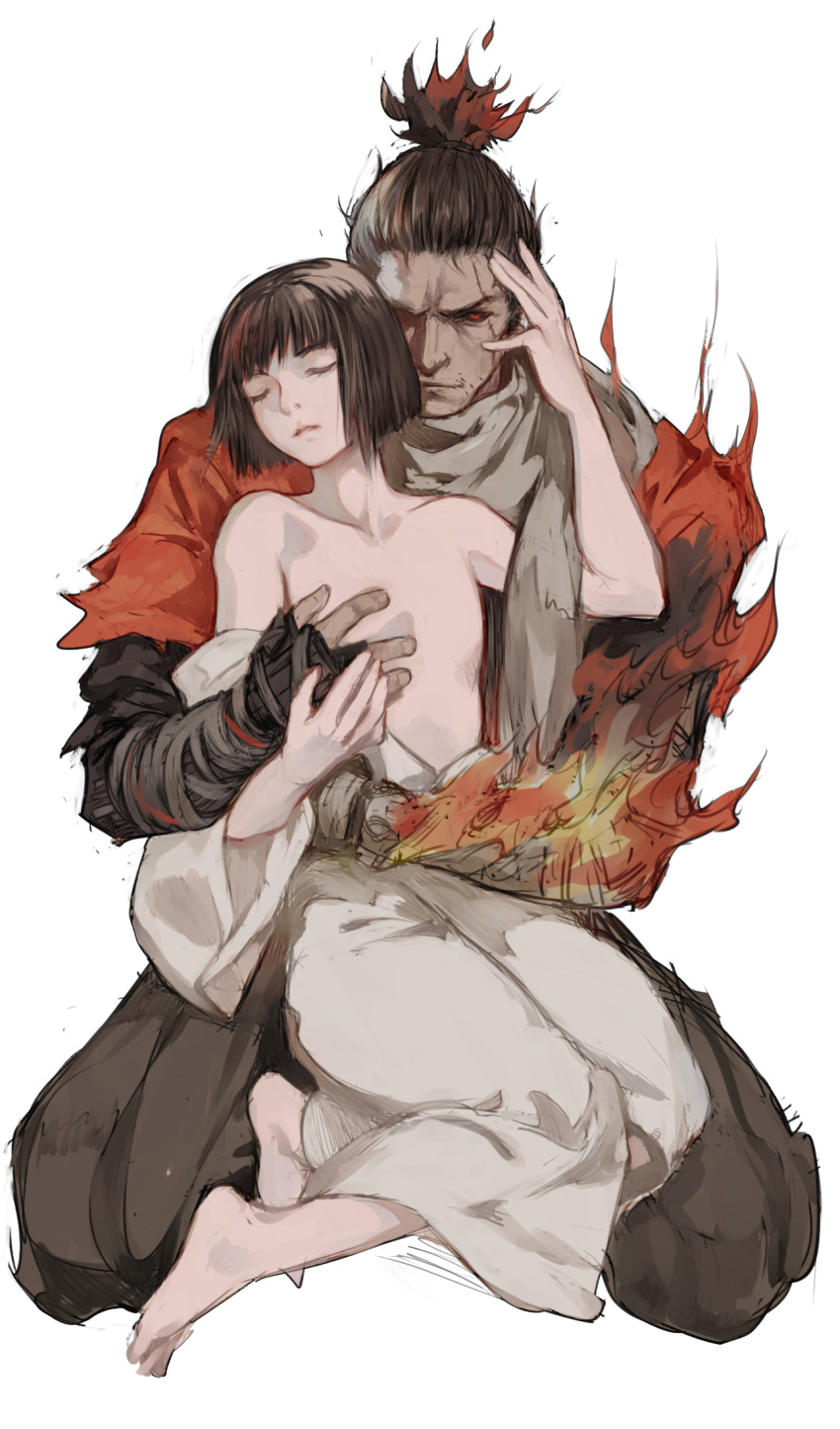 2boys bandaged_arm bandages bangs bare_shoulders barefoot black_hair black_pants black_sclera black_shirt blunt_bangs bob_cut closed_eyes closed_mouth coat collarbone commentary_request fiery_hair fire full_body grey_hair grey_scarf hand_on_another's_face highres hug japanese_clothes kimono kuro_the_divine_heir looking_at_viewer multiple_boys off-shoulder_kimono orange_coat pale_skin pants pleated_pants prosthesis prosthetic_arm red_eyes scarf sekiro sekiro:_shadows_die_twice shirt simple_background sitting sitting_on_lap sitting_on_person topknot vetania wariza white_background white_kimono yaoi