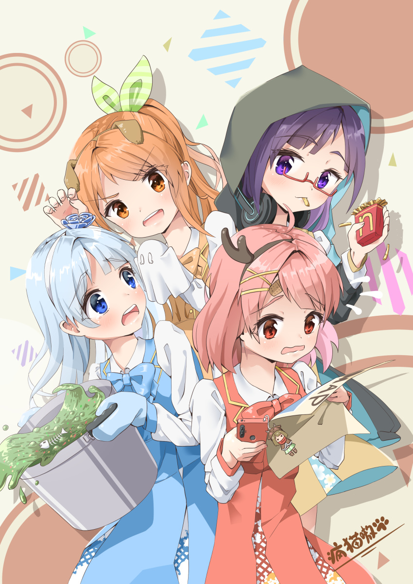 4girls :o absurdres animal_ears antlers bandaid bandaid_on_forehead bangs blue_bow blue_eyes blue_neckwear blunt_bangs blush bow brown_eyes bucket cellphone crying dog_ears eyebrows_visible_through_hair fake_animal_ears fengmo_ao fish_bone food french_fries hair_ornament hairclip hanamaru_hareru hanayori_jyoshiryou hand_pupper hand_puppet headphones headphones_around_neck highres hood kano_(hanayori_jyoshiryou) kohigashi_hitona light_blue_hair long_hair map mouth_hold multiple_girls nonomiya_nonono open_mouth orange_hair phone phone_charm pink_hair pot puppet purple_hair red_bow reindeer_antlers short_hair simple_background skeleton slime standing violet_eyes virtual_youtuber