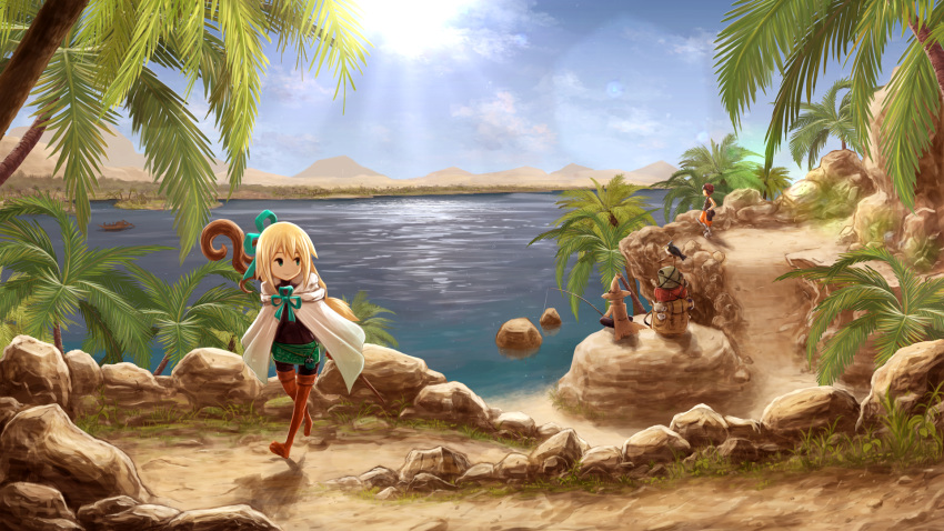 1girl 2boys backpack backpack_removed bag bird blonde_hair boots bow cloak commentary_request day distant fantasy fishing fishing_rod hair_bow hat highres horizon kiyukiakisasa lens_flare long_hair multiple_boys original outdoors palm_tree pantyhose river scenery staff thigh-highs thigh_boots tree walking water witch_hat