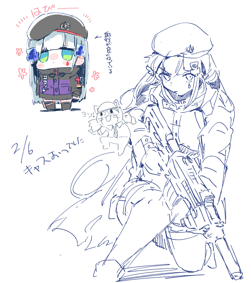 1girl 1other animal_ears assault_rifle bangs beret black_jacket blush_stickers cat_ears chibi closed_mouth commentary_request eyebrows_visible_through_hair flower_(symbol) full_body german_flag girls_frontline gun h&amp;k_hk416 hair_ornament hat highres hk416_(girls_frontline) jacket long_hair looking_at_viewer multiple_views necktie red_cross rifle sena_yuuta simple_background sketch skirt thigh-highs translation_request very_long_hair weapon white_background