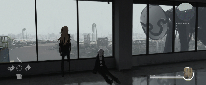 2girls absurdres amputee asteroid_ill bandage_over_one_eye blonde_hair cityscape closed_eyes closed_mouth cornea_(asteroid_ill) double_amputee fake_screenshot fog from_behind heads-up_display health_bar highres indoors iz_(asteroid_ill) long_hair minimap multiple_girls original post-apocalypse reflection ruins scenery sitting standing translation_request user_interface white_hair window