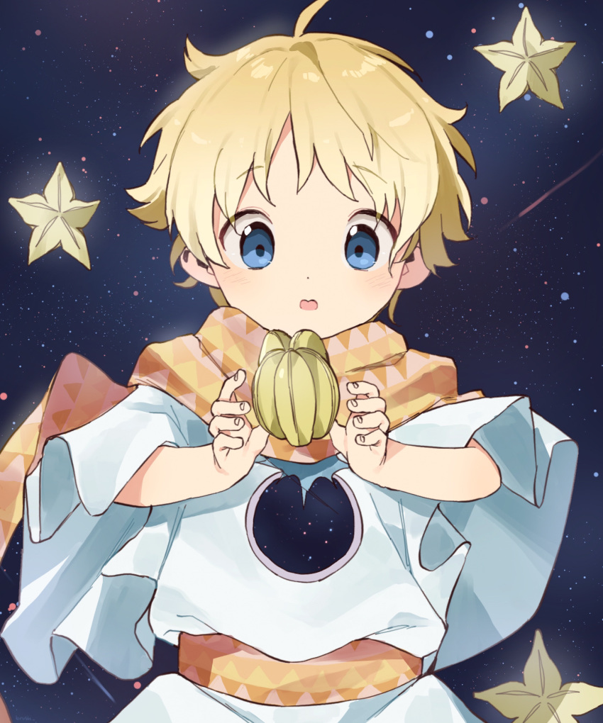 1boy blonde_hair blue_eyes fate/grand_order fate/requiem fate_(series) food fruit highres male_focus sky smile star_(sky) starfruit starry_sky thebrushking voyager voyager_(fate/requiem)