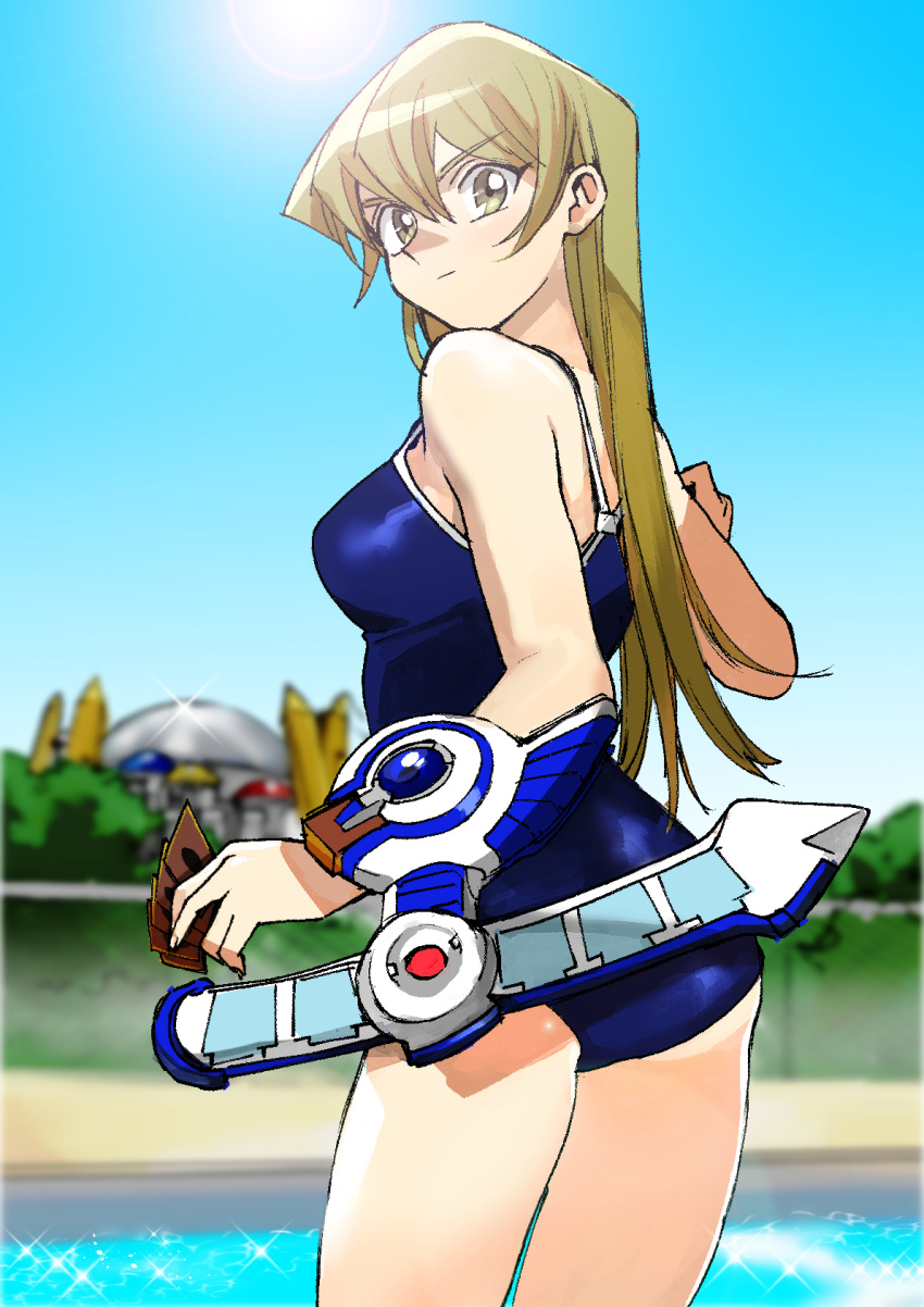 1girl 203wolves bangs blonde_hair blue_sky blue_swimsuit blurry blurry_background breasts brown_eyes card cowboy_shot day duel_disk from_behind graphite_(medium) hair_between_eyes highres holding holding_card long_hair looking_at_viewer looking_back medium_breasts outdoors pool school_swimsuit sky solo sparkle standing straight_hair sun swimsuit tenjouin_asuka traditional_media very_long_hair yuu-gi-ou yuu-gi-ou_gx