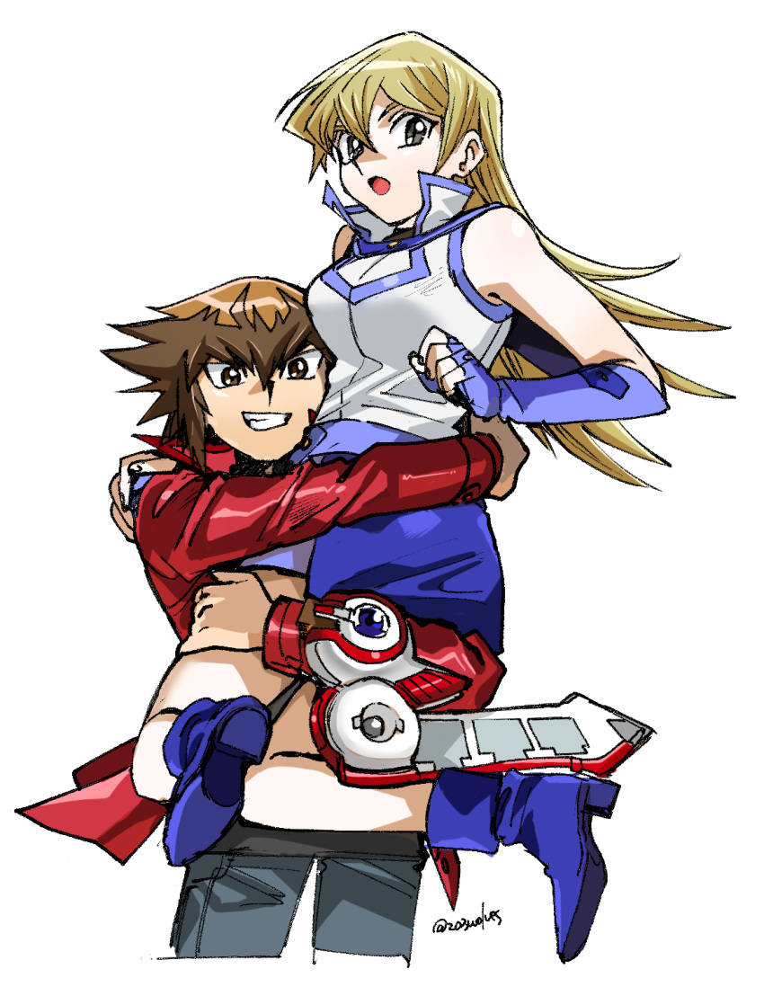 1boy 1girl 203wolves bangs black_shirt blonde_hair blue_footwear blue_gloves blue_sailor_collar blue_skirt boots brown_eyes brown_hair carrying elbow_gloves fingerless_gloves floating_hair gloves graphite_(medium) grey_pants grin hair_between_eyes highres jacket long_hair long_sleeves looking_at_viewer miniskirt multicolored_hair open_clothes open_jacket open_mouth pants pencil_skirt red_jacket sailor_collar shirt simple_background skirt sleeveless sleeveless_jacket smile straight_hair tenjouin_asuka traditional_media twitter_username two-tone_hair very_long_hair white_background white_jacket yuu-gi-ou yuu-gi-ou_gx