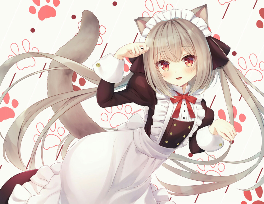 1girl animal_ears apron arm_up bangs blush bow brown_dress brown_hair brown_ribbon cat_ears cat_girl cat_tail commentary_request copyright_request dress eyebrows_visible_through_hair floating_hair frilled_apron frills hair_between_eyes hair_ribbon head_tilt highres juliet_sleeves long_hair long_sleeves looking_at_viewer maid maid_headdress parted_lips puffy_sleeves red_bow red_eyes ribbon smile solo tail tokoshibyra twintails very_long_hair virtual_youtuber white_apron