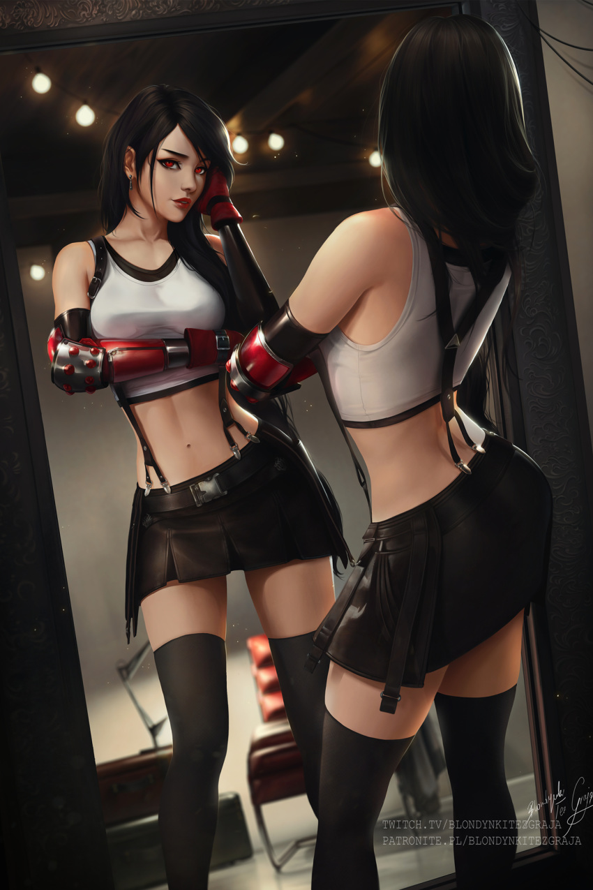 1girl arm_under_breasts bare_shoulders belt black_belt black_gloves black_hair black_legwear black_skirt blondynkitezgraja breasts contrapposto earrings elbow_gloves elbow_pads final_fantasy final_fantasy_vii final_fantasy_vii_remake fingerless_gloves gloves hair_over_shoulder highres indoors jewelry large_breasts lights lips long_hair looking_at_mirror looking_at_viewer midriff miniskirt mirror navel parted_lips pleated_skirt red_eyes red_gloves red_lips reflection signature skirt solo suspender_skirt suspenders tank_top thigh-highs tifa_lockhart very_long_hair white_tank_top zettai_ryouiki
