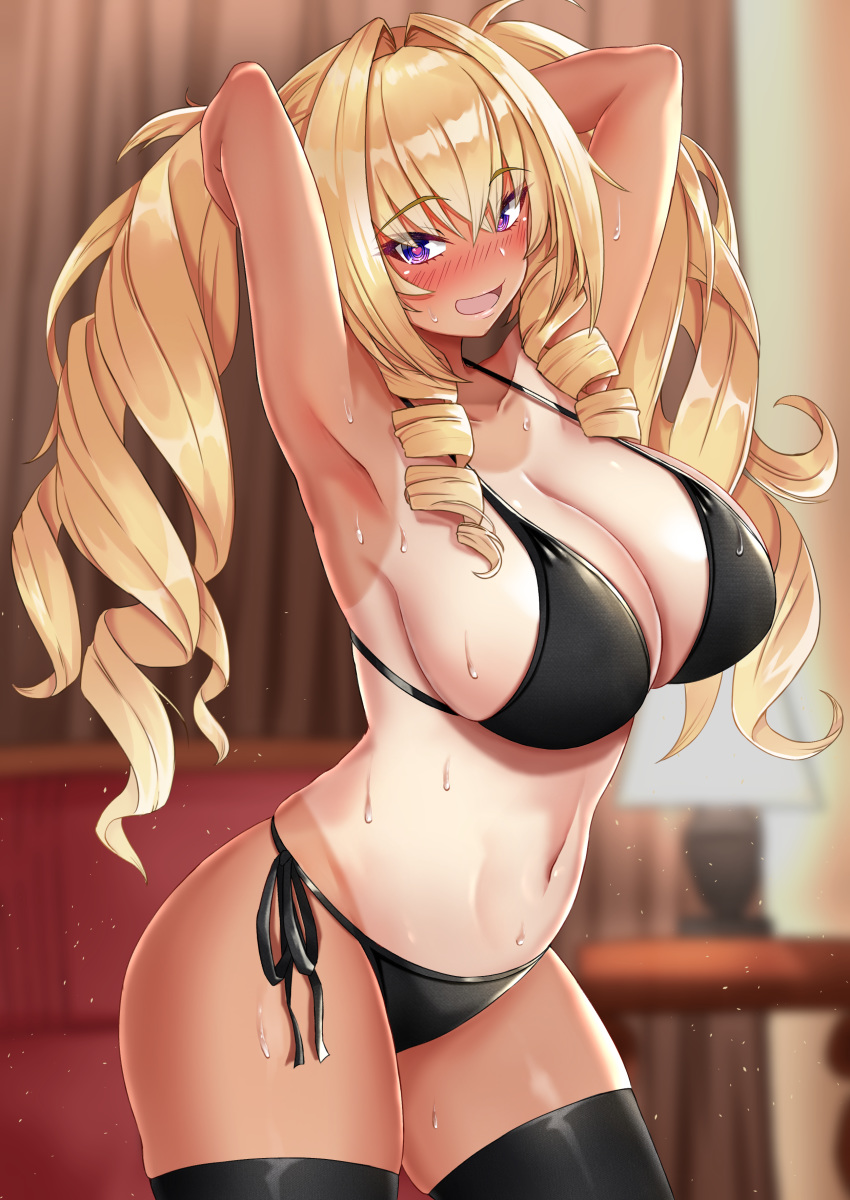 1girl :d absurdres armpits arms_behind_head arms_up bare_arms bare_shoulders bikini black_bikini black_legwear black_ribbon blonde_hair blurry blurry_background blush breasts cowboy_shot depth_of_field drill_hair hair_intakes heart heart-shaped_pupils highres large_breasts long_hair navel nose_blush one-piece_tan open_mouth original ribbon rokita side-tie_bikini smile solo stomach sweat swimsuit symbol-shaped_pupils tan tanline thigh-highs twintails violet_eyes wet