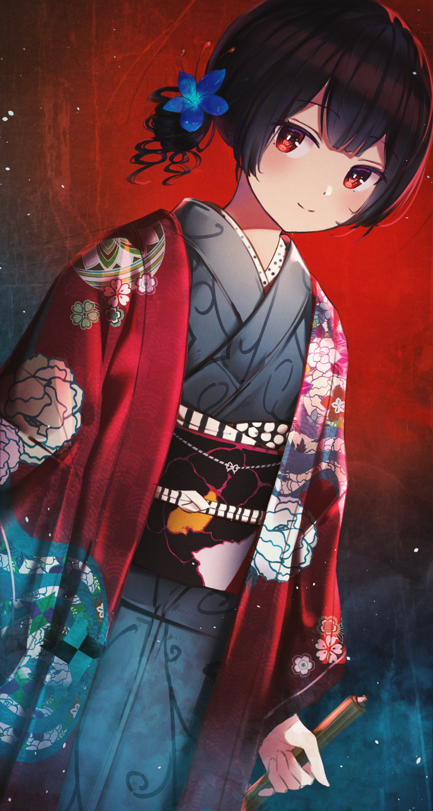 1girl absurdres bangs black_hair blue_flower blush closed_mouth commentary_request dutch_angle eyebrows_visible_through_hair floral_print flower grey_kimono hair_bun hair_flower hair_ornament highres holding huge_filesize idolmaster idolmaster_shiny_colors japanese_clothes kimono long_sleeves looking_at_viewer morino_rinze obi open_clothes red_eyes sash smile solo upper_body wang_man wide_sleeves